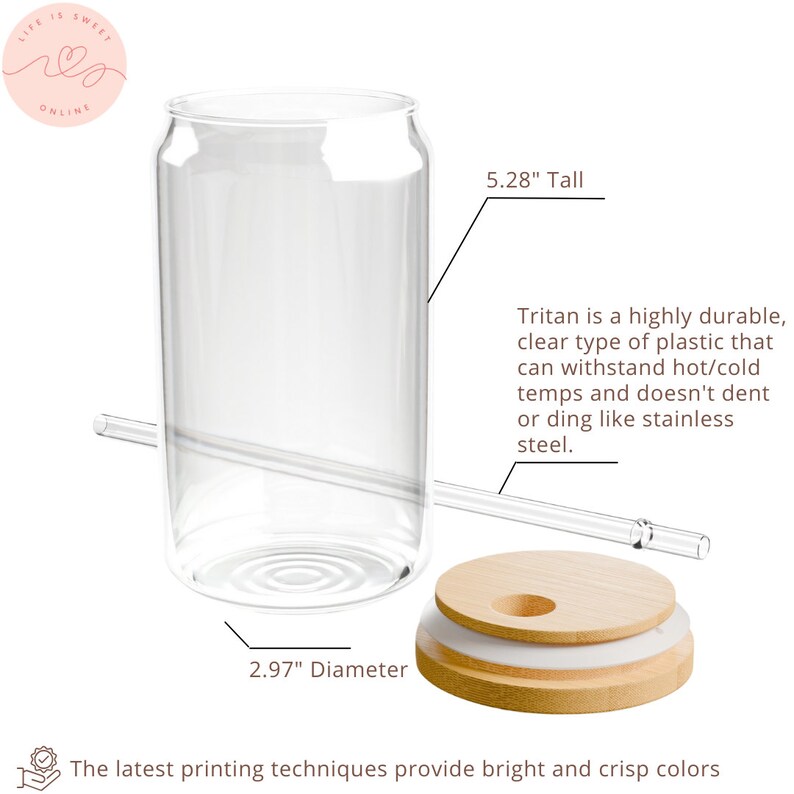 May include: A clear plastic reusable tumbler with a bamboo lid. The tumbler is 5.28 inches tall and 2.97 inches in diameter. The tumbler is made of Tritan, a durable plastic that can withstand hot and cold temperatures.