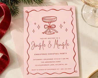 May include: A light pink rectangular invitation card with a red wavy border, featuring a red line drawing of a coupe glass with a bow and star accents. The text reads: You're invited to a Jingle & Mingle Christmas cocktail party, Saturday, December 12th at 7:00 PM, The Anderson Home, 123 Evergreen Lane, Atlanta, GA, RSVP to Sarah by December 1st - 555-123-4567.