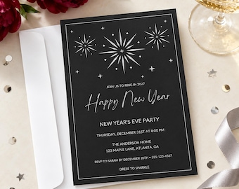 May include: A black New Year's Eve party invitation card featuring white firework illustrations and text that reads Join us to ring in 2027, Happy New Year, New Year's Eve Party, Thursday, December 31st at 8:00 PM, The Anderson Home, 123 Maple Lane, Atlanta, GA, RSVP to Sarah by December 20th, 555-123-4567, Dress to Sparkle.