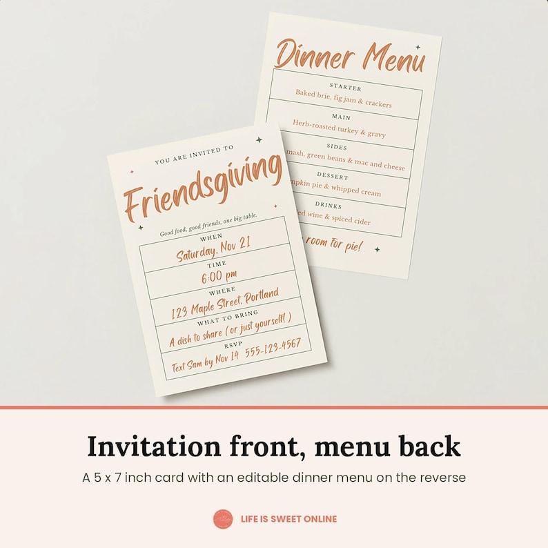 May include: A 5 x 7 inch Friendsgiving invitation card with a matching dinner menu on the reverse side. The invitation features text in orange and black, including event details like date, time, location, and RSVP information, accented by small star symbols.