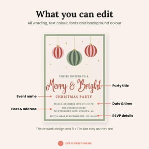 May include: A 5 x 7 inch Christmas party invitation template featuring three hanging ornaments in red and green. The text reads Merry & Bright Christmas Party, Friday, December 18th at 6:30 PM, The Anderson Home, 123 Evergreen Lane, Atlanta, GA, RSVP to Sarah by December 5th - 555-123-4567.