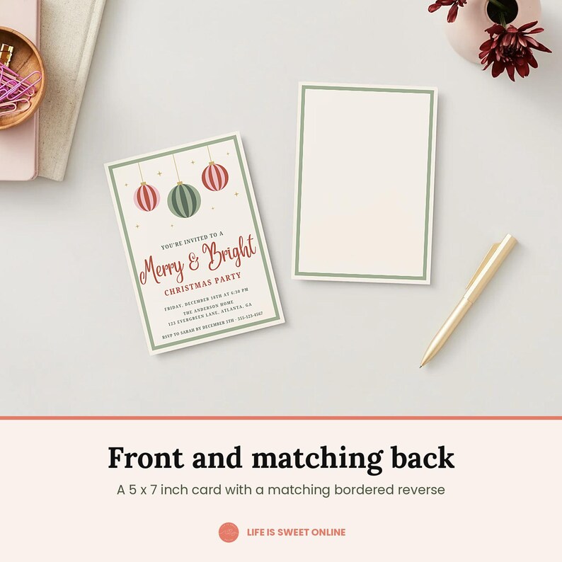 May include: A 12.7 x 17.8 cm rectangular invitation card featuring a Merry & Bright Christmas party theme with red and green hanging ornaments, gold stars, and printed event details, paired with a matching blank card with a thin green border.
