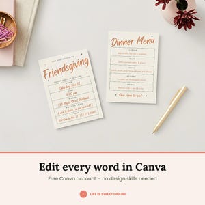 May include: Two rectangular off-white cards featuring copper-colored text. One card is a Friendsgiving invitation with details for date, time, location, and RSVP. The second card is a dinner menu listing courses from starter to drinks.