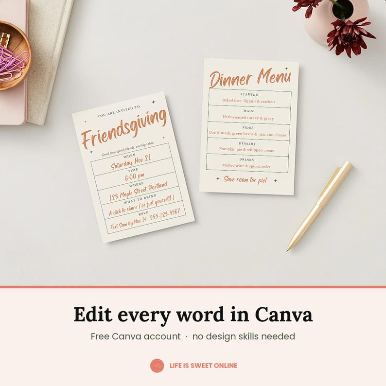 May include: Two rectangular off-white cards featuring copper-colored text. One card is a Friendsgiving invitation with details for date, time, location, and RSVP. The second card is a dinner menu listing courses from starter to drinks.
