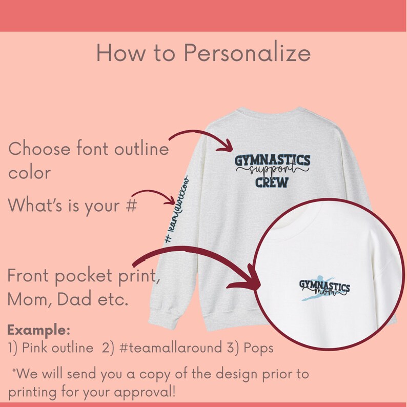 May include: A white sweatshirt with a gray heather color. The sweatshirt has a front pocket and a design on the sleeve and front pocket. The design on the sleeve says "Gymnastics Support Crew" and the design on the front pocket says "Gymnastics Mom".