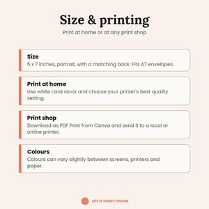 May include: An informational graphic titled Size & printing with instructions for home or shop printing. It specifies a 5 x 7 inch portrait size, A7 envelope compatibility, and notes that colours may vary between screens, printers, and paper.