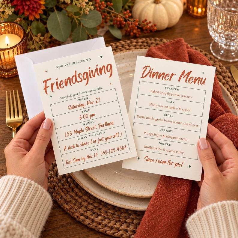 May include: A Friendsgiving invitation and a dinner menu printed on off-white cardstock with rust-colored text. The invitation details a Saturday, Nov 21 event at 123 Maple Street, Portland, while the menu lists courses including turkey and pumpkin pie.