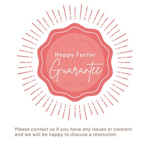 May include: A pink seal with a white border and the text "LIFE IS SWEET Happy Factor Guarantee ONLINE" in white. The seal is surrounded by a circle of pink rays.