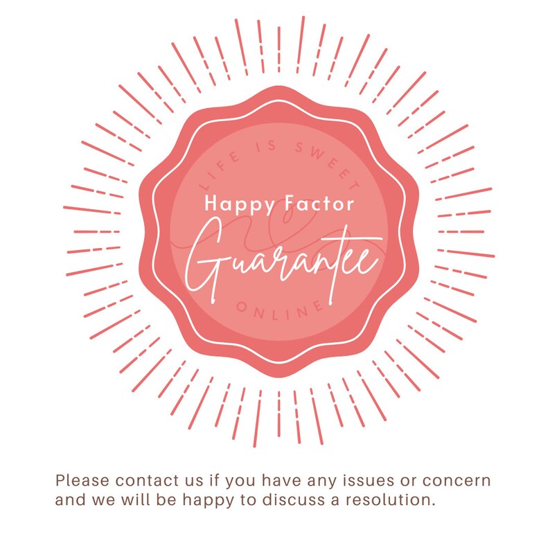 May include: A pink seal with a white border and the text "LIFE IS SWEET Happy Factor Guarantee ONLINE" in white. The seal is surrounded by a circle of pink rays.