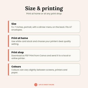 May include: An informational graphic titled Size & printing with sections for Size, Print at home, Print shop, and Colours. The size is 5 x 7 inches, portrait, with a dinner menu on the back, fitting A7 envelopes. Includes instructions for home and shop printing.