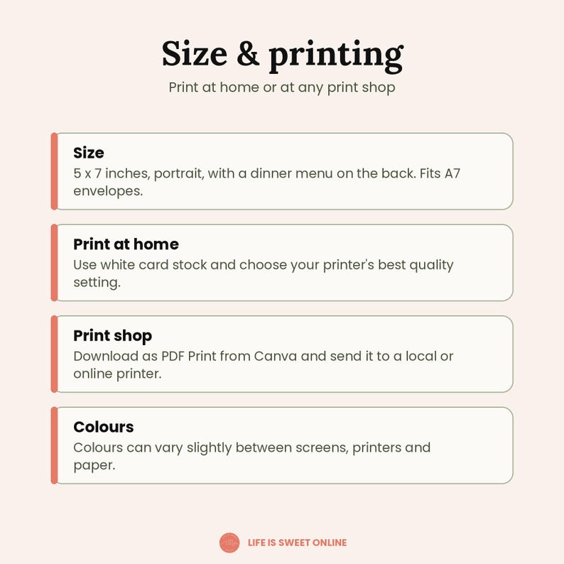 May include: An informational graphic titled Size & printing with sections for Size, Print at home, Print shop, and Colours. The size is 5 x 7 inches, portrait, with a dinner menu on the back, fitting A7 envelopes. Includes instructions for home and shop printing.