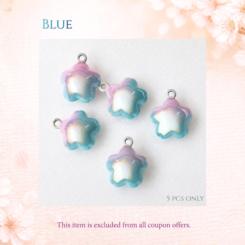 May include: Five star-shaped charms with a gradient finish transitioning from pink at the top to blue at the bottom, featuring a pearlescent white center. Each charm includes a small silver-toned metal jump ring at the top. Text reads BLUE and 5 PCS ONLY.