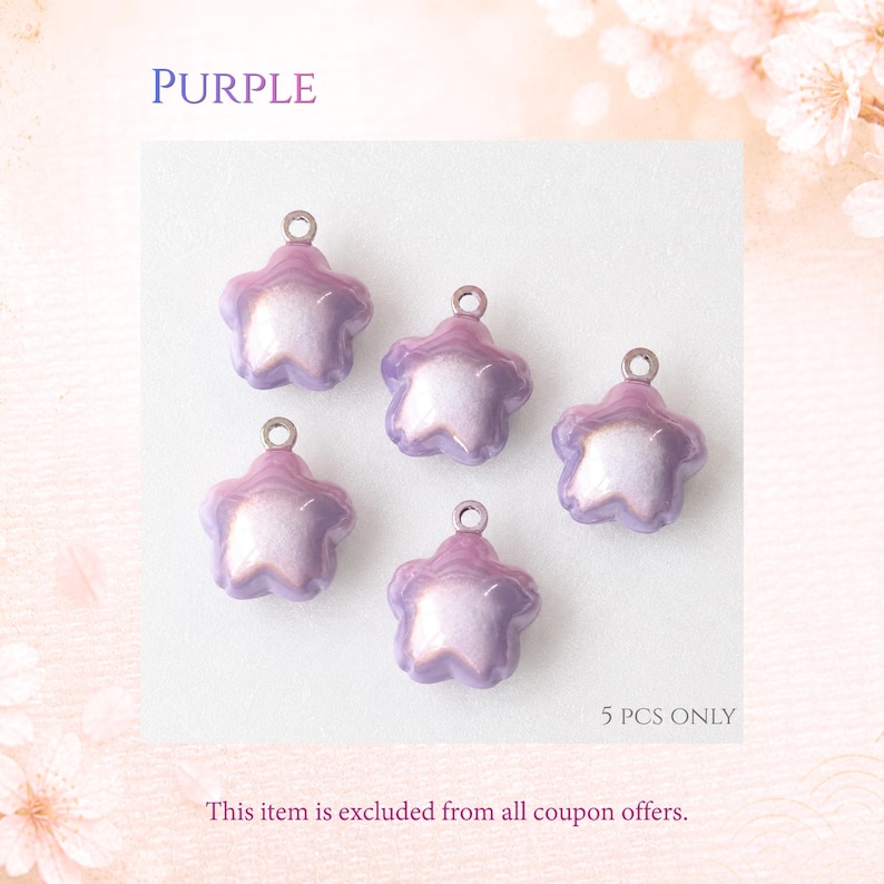 May include: Five star-shaped charms with a pearlescent purple finish and a silver-toned metal loop at the top. The text PURPLE is printed in the upper left corner, and 5 PCS ONLY is printed in the lower right corner of the image area.