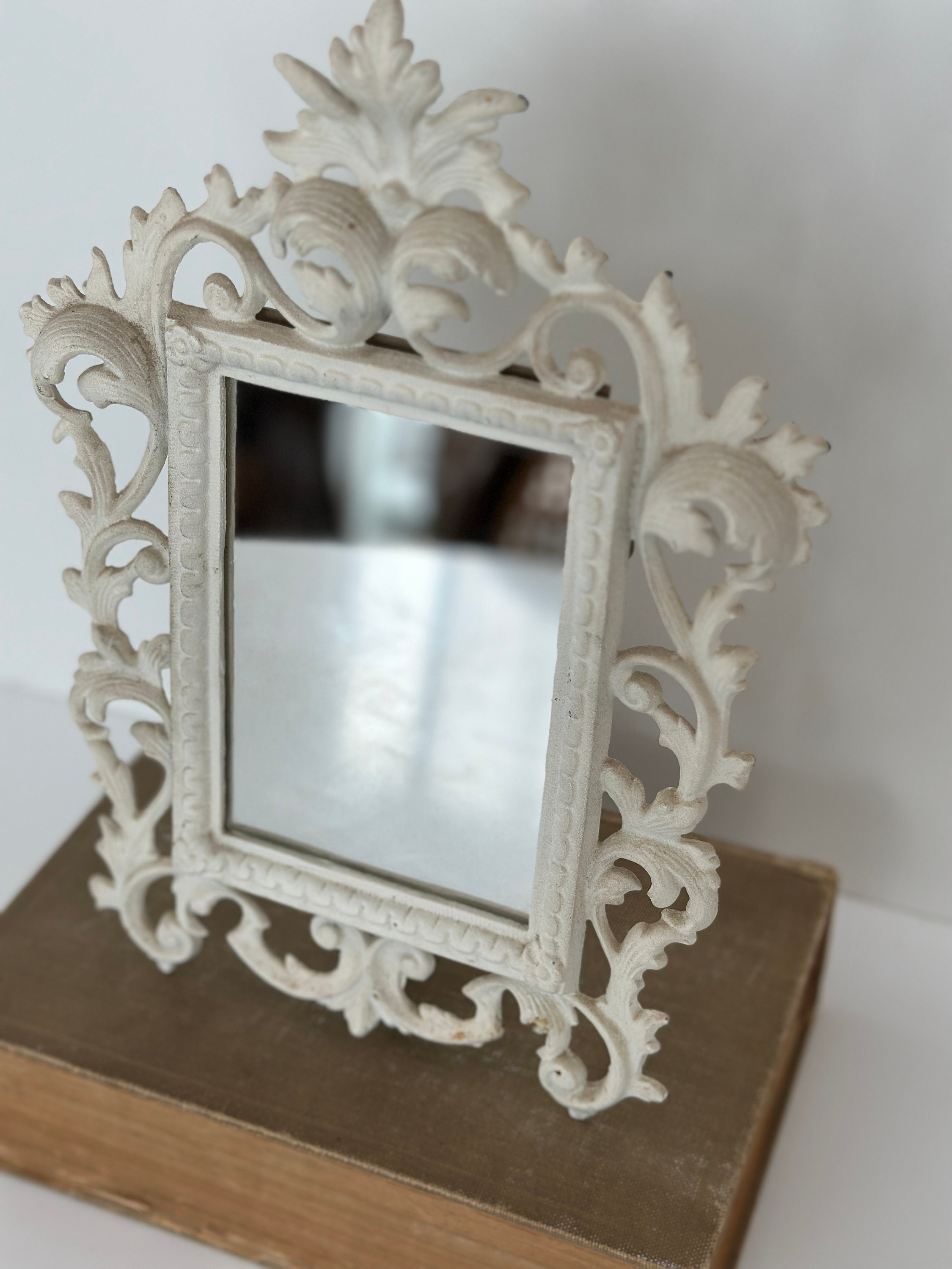 Vintage White Cast Iron Mirror, White Ornate Mirror, Antique White Cast