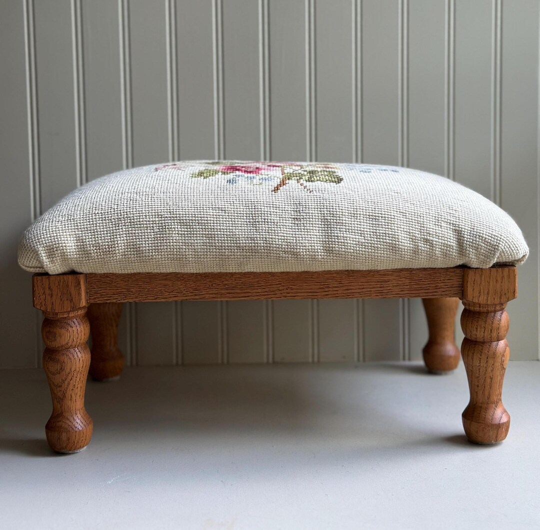 Vintage Needlepoint Floral Footstool, Cottagecore Stool - Etsy