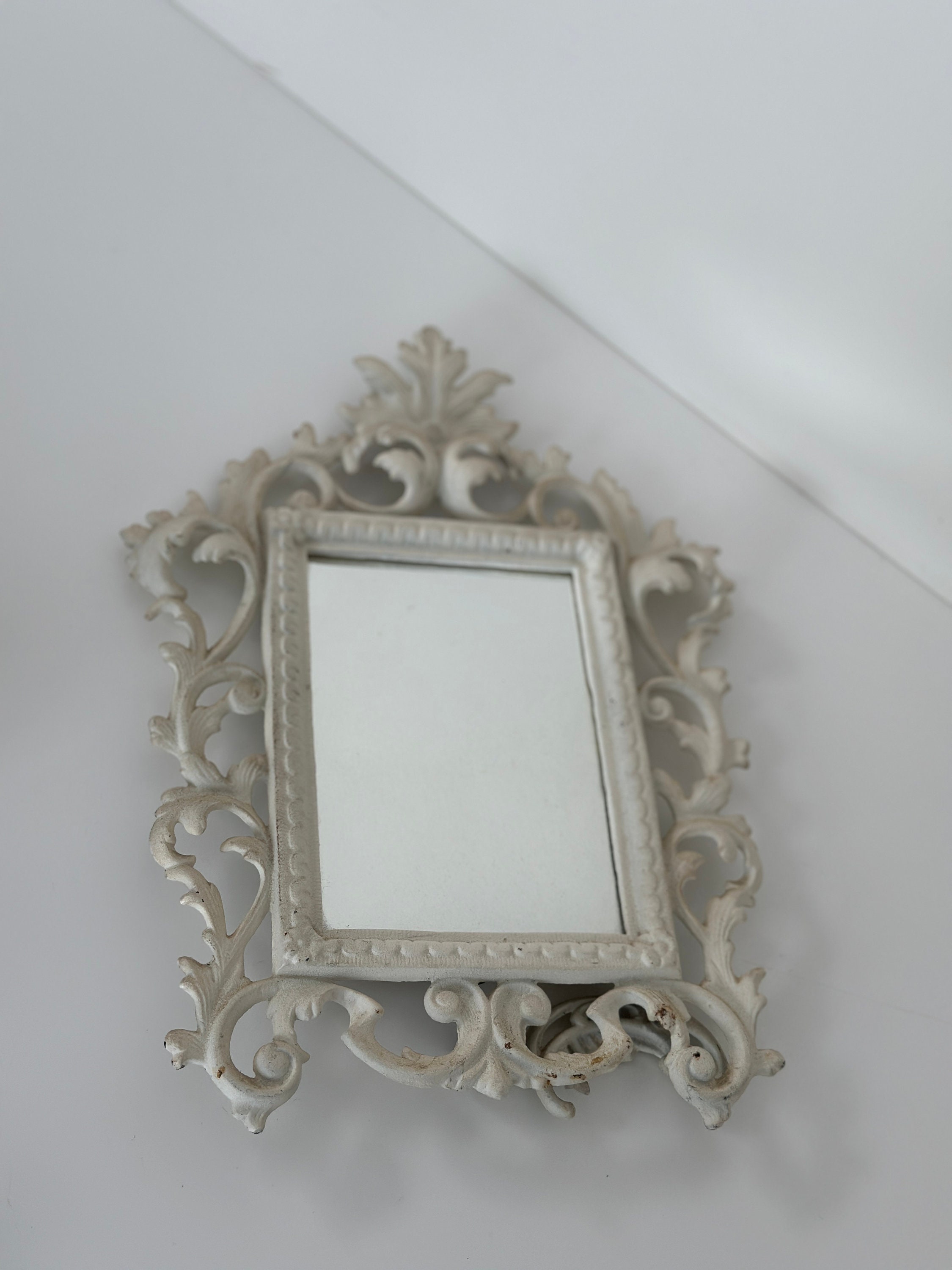 Vintage White Cast Iron Mirror, White Ornate Mirror, Antique White Cast