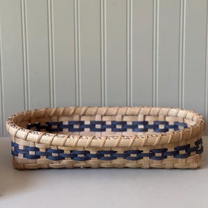 Vintage Woven Basket with Navy Accents: Cottagecore Decor