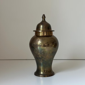 Etched Vintage Brass Vase with Lid: Antique Urn