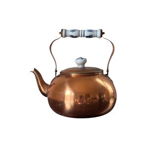 Tetera de cobre vintage, mango de porcelana, decoración de cocina rústica, tetera rústica