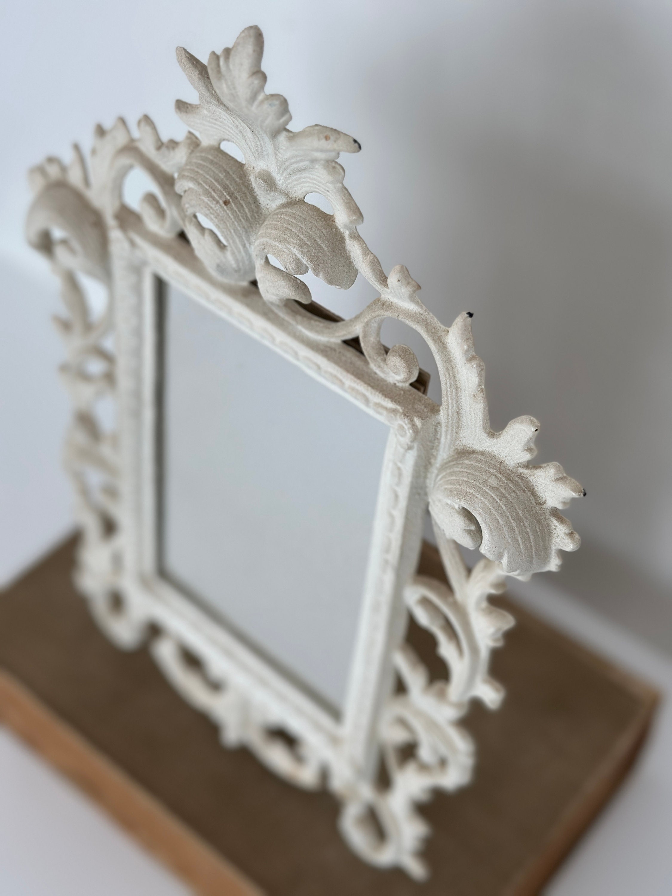 Vintage White Cast Iron Mirror, White Ornate Mirror, Antique White Cast