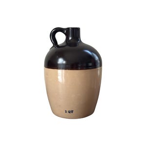 Vintage Stoneware Jug – Two Tone Brown Glaze Pottery, Primitive Farmhouse Kitchen Decor