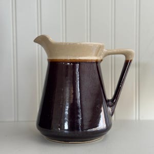 Vintage Brown Dipped Pitcher – Tan & Brown Striped Primitive Stoneware, Rustic Kitchen Decor, Vintage Pitcher, USA