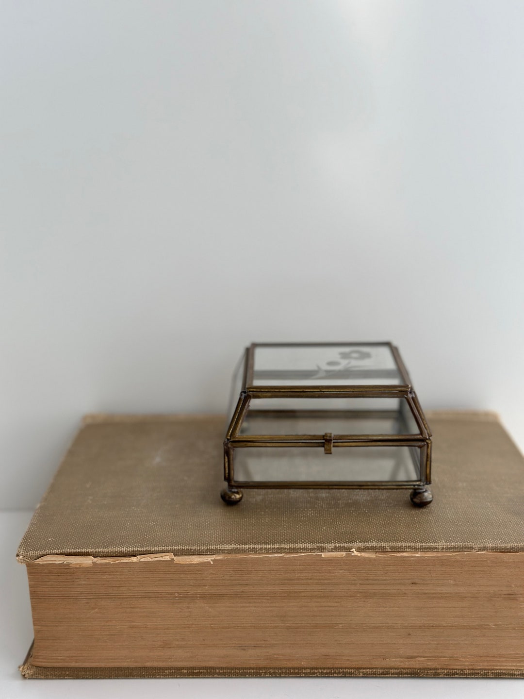 Vintage Etched Brass & Glass Jewelry Box, Small Vintage Jewelry Box W