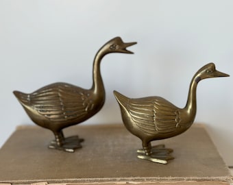 Antique Brass Ducks, Vintage Brass Geese, Set of 2 Brass Figurines, MCM Brass Decor, Solid Brass Birds, Found