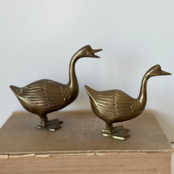 Antique Brass Ducks, Vintage Brass Geese, Set of 2 Brass Figurines, MCM Brass Decor, Solid Brass Birds, Found