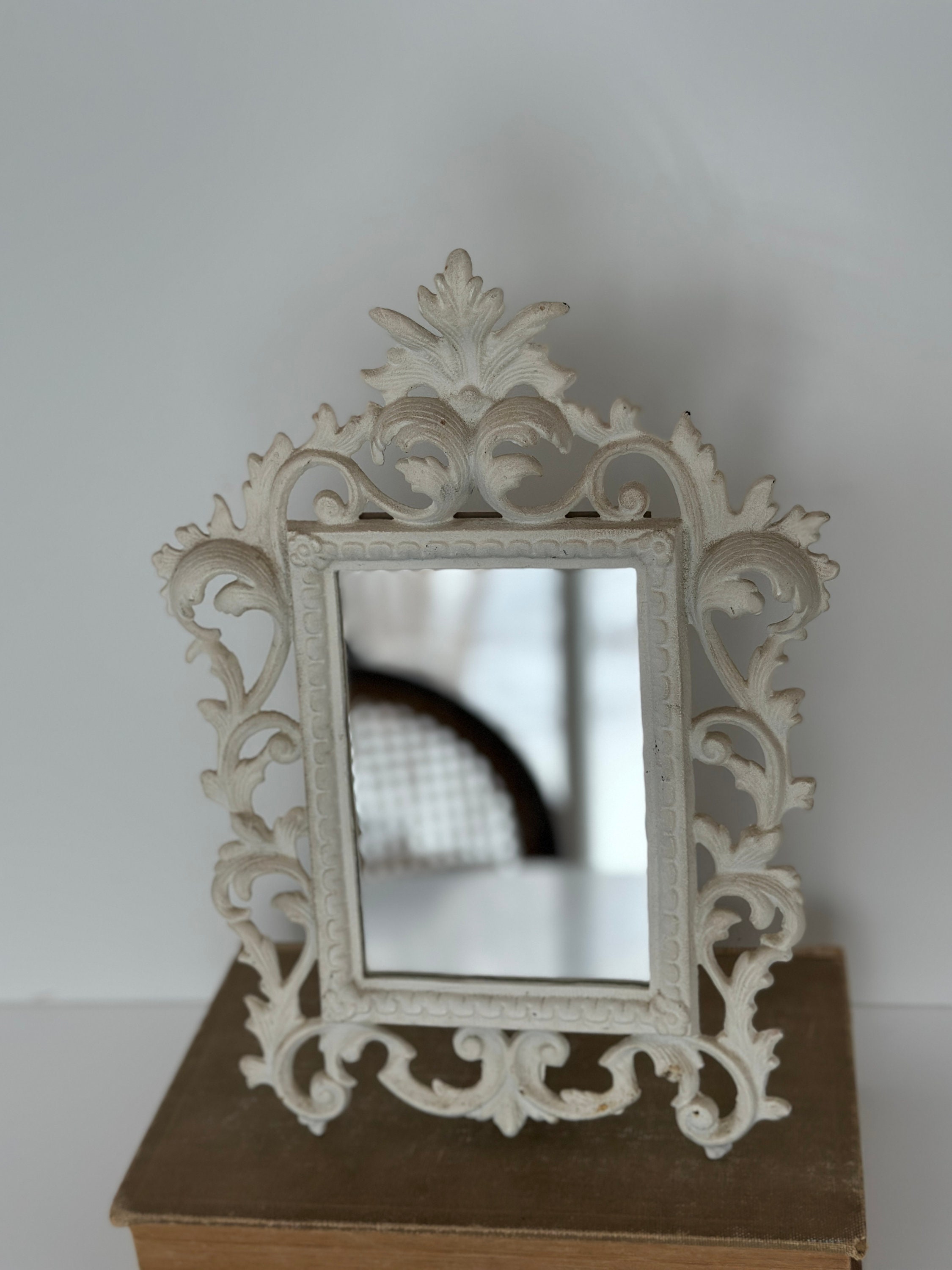 Vintage White Cast Iron Mirror, White Ornate Mirror, Antique White Cast
