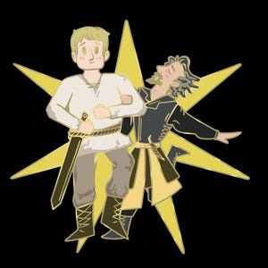 Puede incluir: Ilustración de dos figuras con vestimenta medieval, una de ellas sosteniendo una espada. Las figuras están situadas sobre una estrella amarilla sobre un fondo negro. El personaje de la izquierda viste una túnica blanca y pantalones marrones. El otro viste un atuendo negro y amarillo.