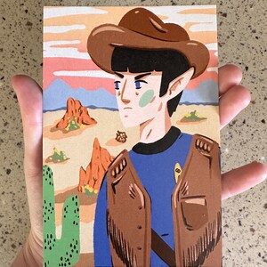 May include: Illustration of a character in a cowboy hat and vest, set against a desert landscape with cacti and mesas. The character wears a blue shirt and has pointed ears. The artwork has a vintage, cartoon style.