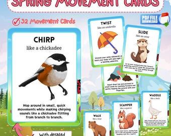 Indoor exercise Spring Movement Cards for Kids, Active Play (PDF Pattern)