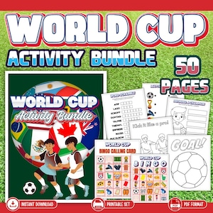 Puede incluir: Un paquete de actividades de la Copa Mundial con 50 páginas de juegos imprimibles sobre fútbol. El conjunto incluye sopas de letras, tarjetas de bingo, páginas para colorear y hojas de actividades con ilustraciones de niños y un balón.
