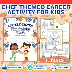 Chef theme activity pack for kids with coloring pages, worksheets, and games – perfect for classroom, homeschool, or preschool daycare