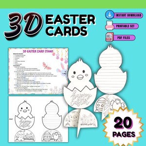 Cartes de Pâques 3D à colorier à imprimer soi-même pour les enfants, activité amusante à colorier pour Pâques, projet de cartes de printemps pour les enfants d'âge préscolaire