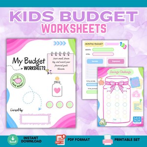 Kids Budget Planner Set 5 Pages with Pink and Green Options Fun Financial Literacy Printable Budgeting Worksheets for Kids boys girls