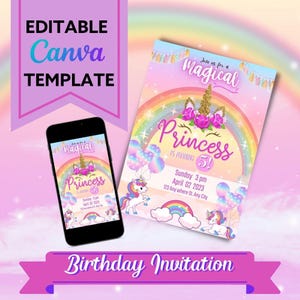 Bewerkbare Canva-sjabloon voor eenhoornverjaardag voor kinderen opslaan afdruk delen magisch thema, perfect voor feesten en partijen