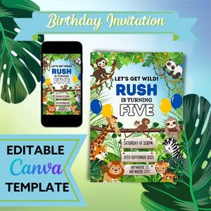 Safari verjaardagsuitnodiging bewerkbare Canva-sjabloon kinderen opslaan afdrukken delen jungle safari-thema perfect voor feesten en partijen
