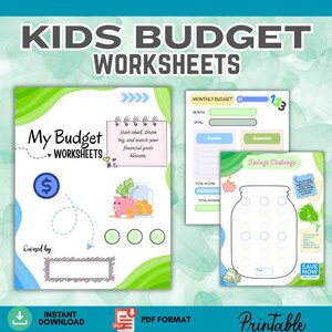 Kids Budget Planner Set 5 Pages with Pink and Green Options Fun Financial Literacy Printable Budgeting Worksheets for Kids