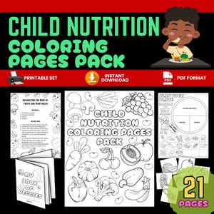 May include: A set of 21 printable coloring pages featuring fruits and vegetables. The pages are designed to help children learn about healthy eating habits. The set includes a title page, an instruction page, and several coloring pages of different fruits and vegetables. The pages are in black and white and are ready to be printed and colored.