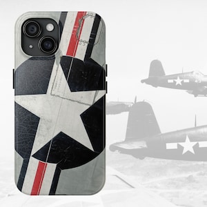 May include: A black and white phone case with a red, white, and blue star design. The case features a distressed look and a vintage airplane design.