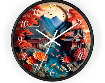 Japanese Paper Art Wall Clock, Koi Pond, Temple