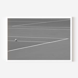 Fine Art Photography Print - Black and White Tennis Court Minimalist Wall Art Tennis Ball on Tennis Court.