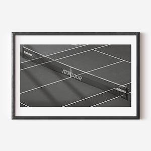 Fine Art Photography Print - Black and White Tennis Court Minimalist Wall Art Tennis Ball on Tennis Court.