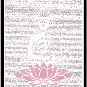 May include: Pink lotus flower graphic with text in a black frame. The image features a detailed illustration of the lotus, a symbol of purity and enlightenment, with intricate text surrounding it.