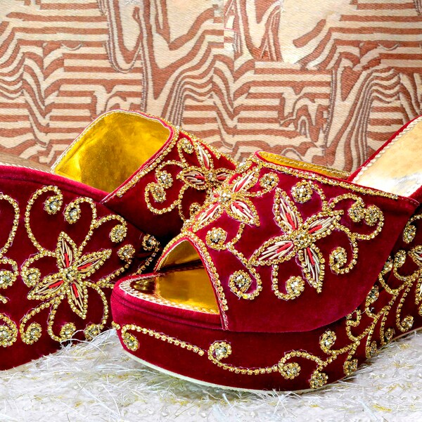 Indian Red handmade embroidered bridal footwear, Bridal Wear wedges for women, Handcrafted bridal footwear for women, Indian Bridal wedges