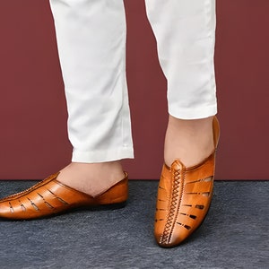 Punjabi Jutti For Men's Tan Wedding Sherwani Juttis Traditional Ethnic Slip-On Loafers Jooti Handmade Mojari Indian Shoes