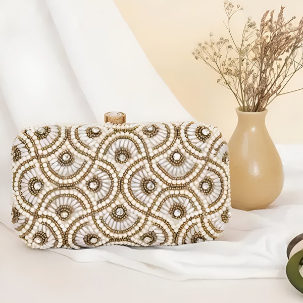 Embroidered rectangle clutch with flower clasp bridal bridesmaids gift in white colour Handbag Handmade, READY TO SHIP
