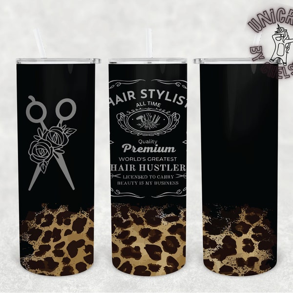 HAIRSTYLIST Black and Cheetah print tumbler wrap png image for sublimation on 20oz tumblers